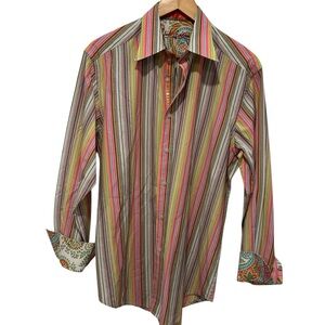 Robert Graham Button Up Striped Long Sleeve Shirt Paisley Flip Cuff Artistic Med